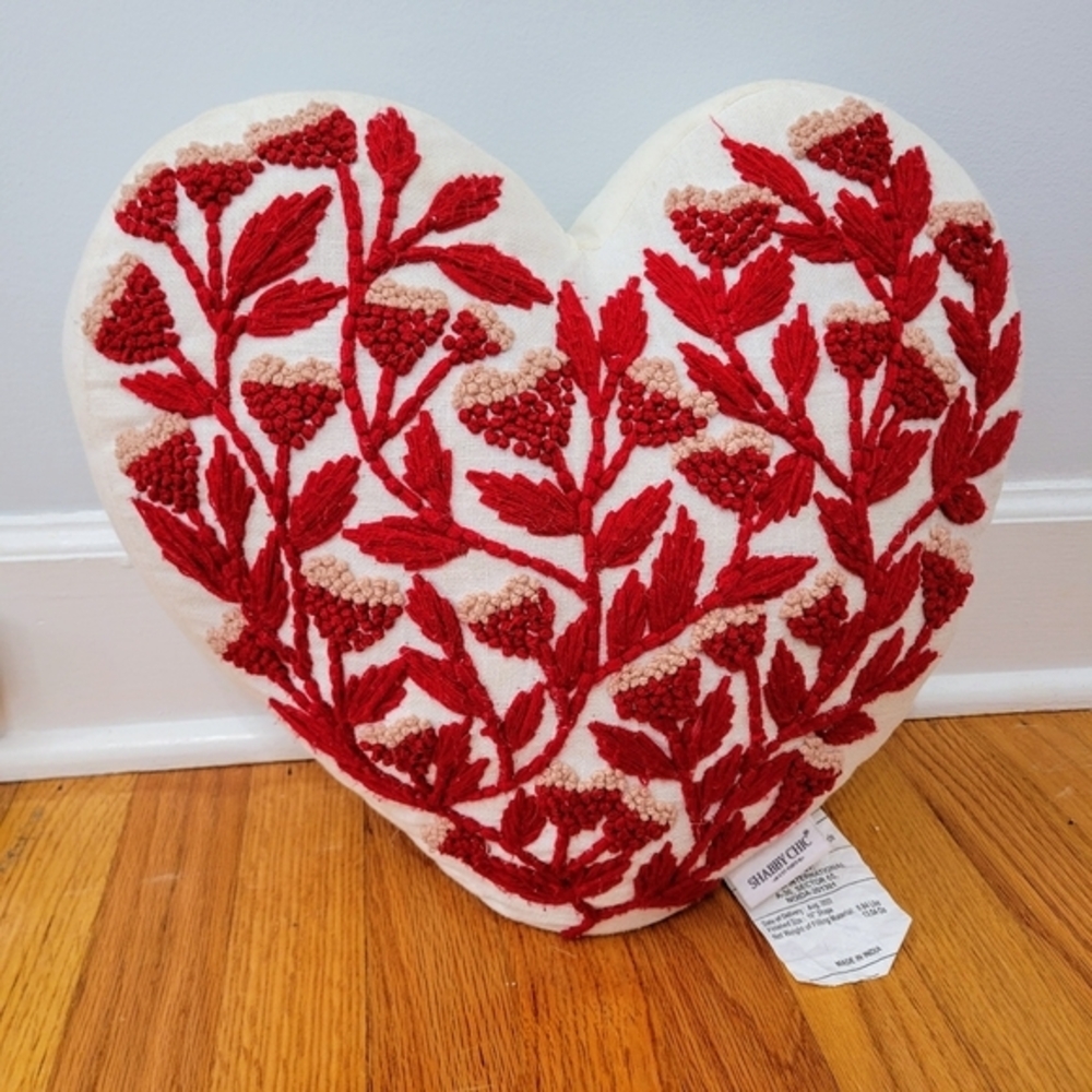 Shabby‎ Chic Heart Shaped Embroidered Throw Pillow Floral Embellished *read*